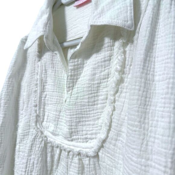 Pink Lily Popover Collared Gauze Crepe Raw Hem Ruffle Top White Medium - Picture 3 of 7